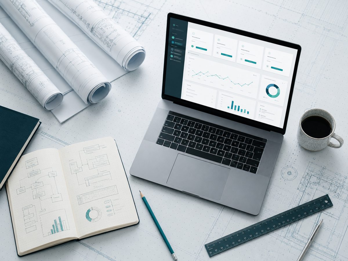 Escritorio de trabajo: planos, laptop y notas de proceso
